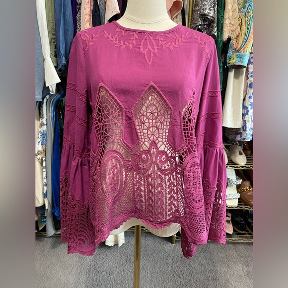 Chloe Oliver Anthropologie Magenta Pink Bell Sleeve Lace Crochet Blouse Top - Picture 2 of 11